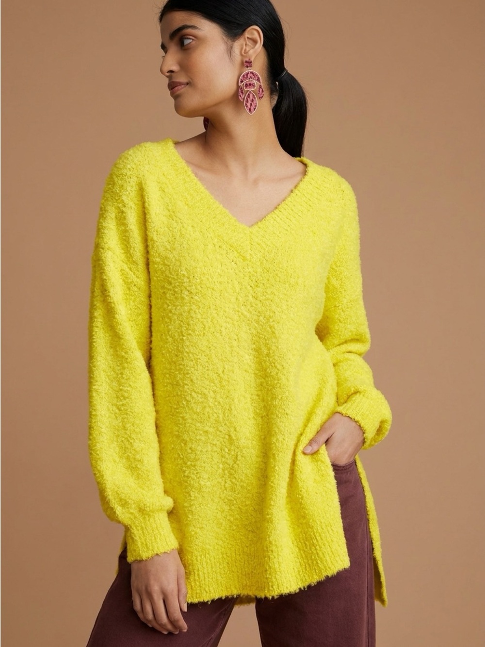 NWT Anthropologie Pilcro Women's Teddy V-Neck Tunic Sweater L Chartreuse Yellow